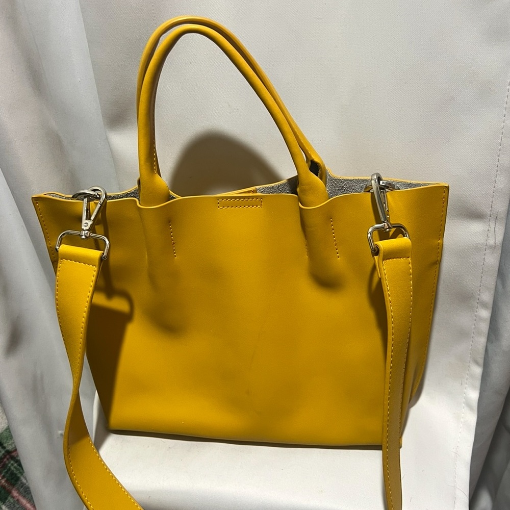Co-Lab Mustard Yellow Leather Tote Crossbody Bag | Removable Strap & Pouch - Picture 2 of 6